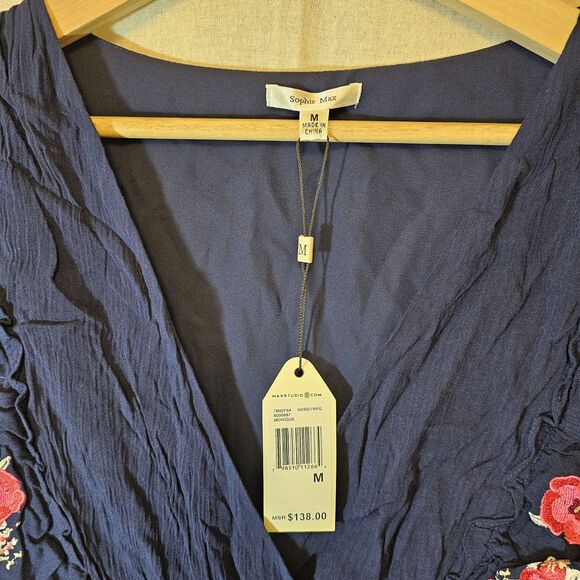 Sophie Max Navy Blue Midi Dress Red Floral Embroidery Tassels Womens Medium - Picture 2 of 10